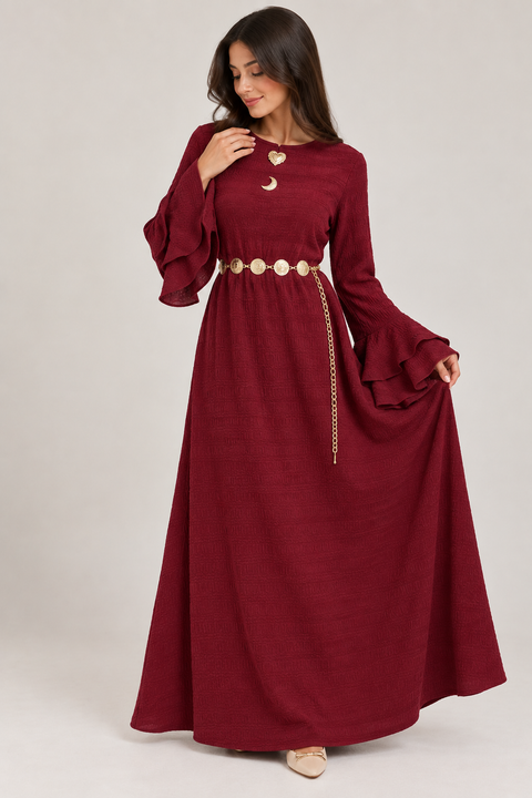 FLARED SLEEVE TEXTURED MAXI DRESS